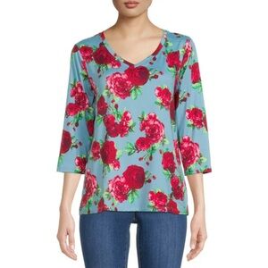 The Pioneer Woman Red Floral V-Neck 3/4 Sleeve Top